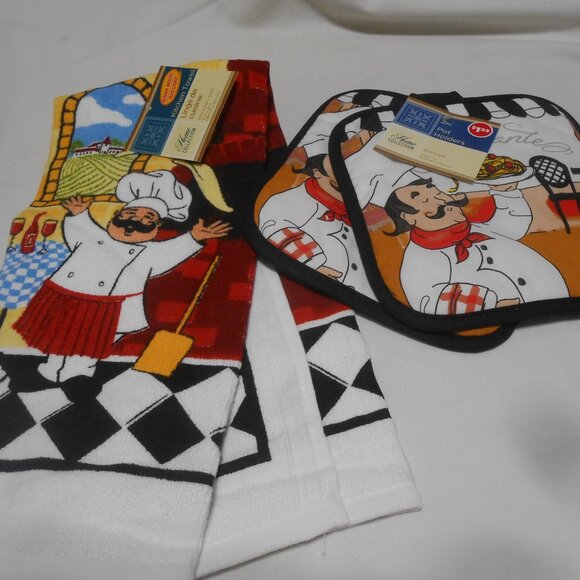 NEW LOT HOME COLLECTION FAT ITALIAN CHEF DESIGN LINENS TOWEL & POTHOLDERS SET π - Picture 6 of 9
